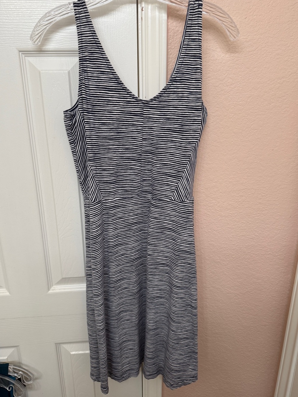 Old Navy Black/Dark Blue & White Striped V-Neck Smocked Back Tank Dress - Size M